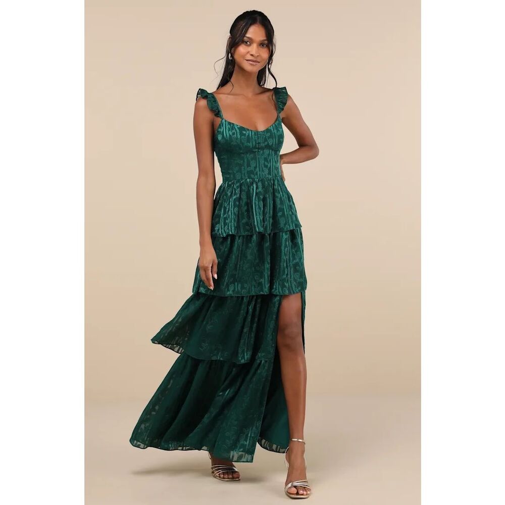 Lulus Stunning Glory Hunter Green Floral Jacquard Tiered Maxi Dress Size XS NWT